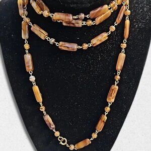 Glass Swirled Beaded Necklace Gold Tone Chain Lightweight Design Brown/White OS